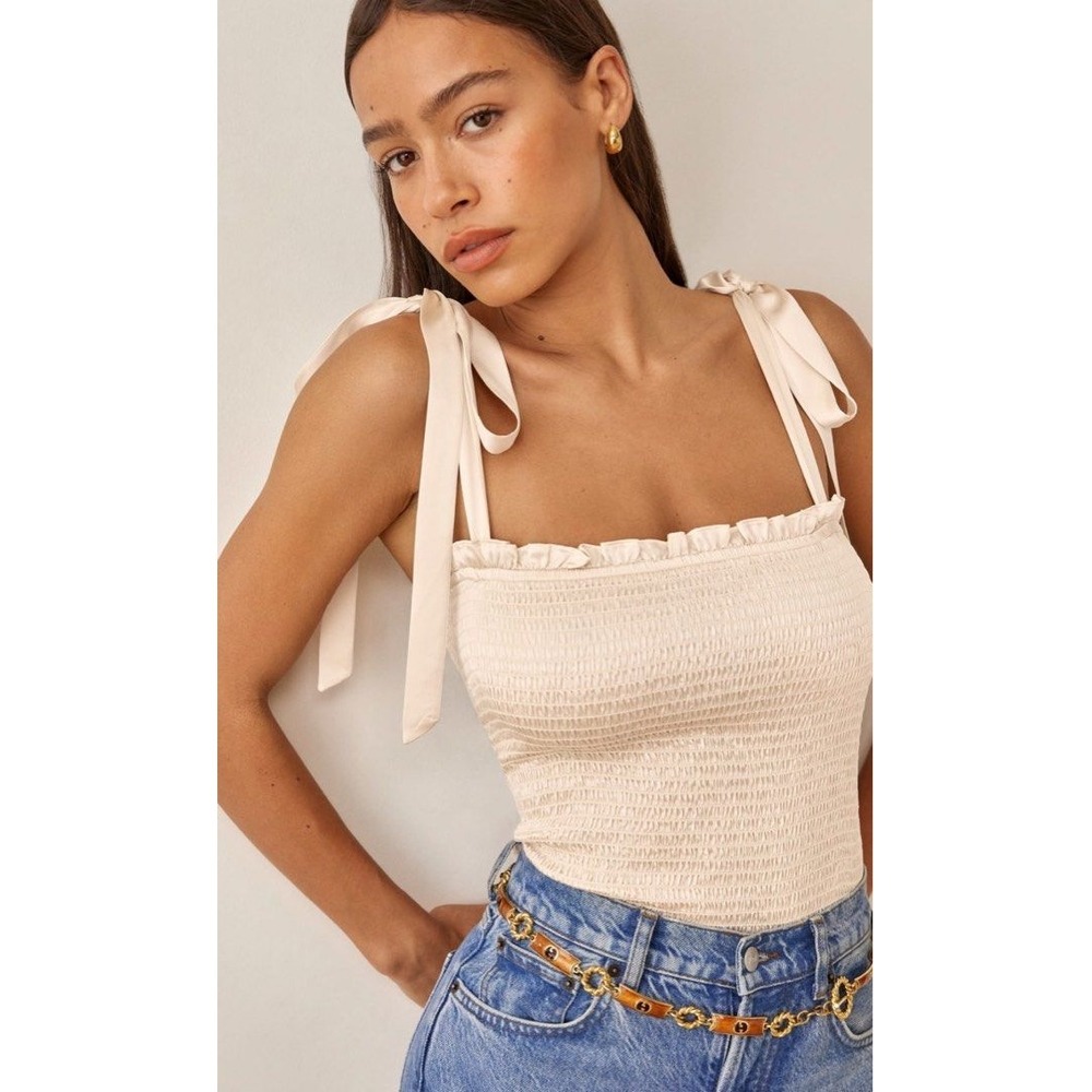 NWT Reformation Pina 100% Silk Smocked Tie Strap Top Almond XS Coquette Feminine